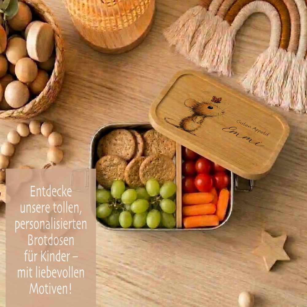 Personalisierte Kinder Brotdose mit Bambusdeckel – Süße Maus Motive im Boho-Stil – Edelstahl & Weißblech