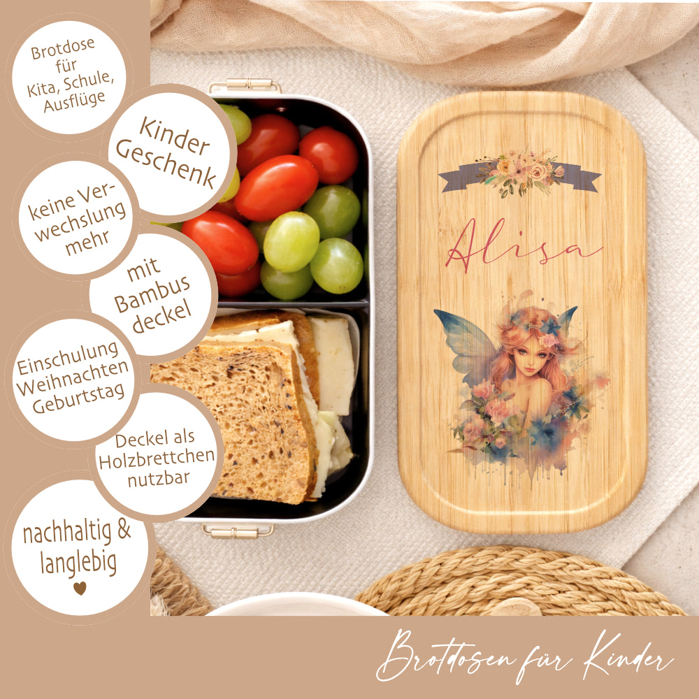 Brotbox "Fee" wählbar in Edelstahl mit Bambusdeckel und Namen für Mädchen | Lunchbox Elfe | Personalisiertes Geschenk für Kinder