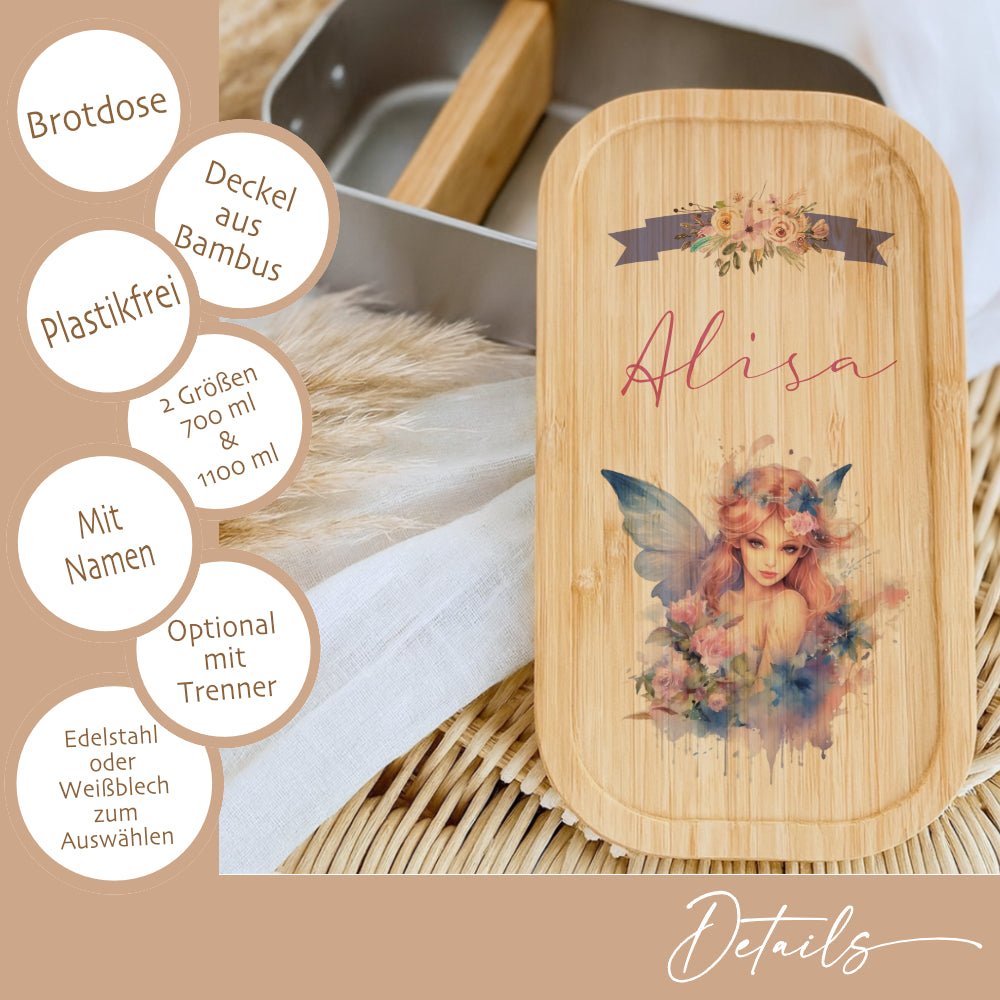 Brotbox "Fee" wählbar in Edelstahl mit Bambusdeckel und Namen für Mädchen | Lunchbox Elfe | Personalisiertes Geschenk für Kinder