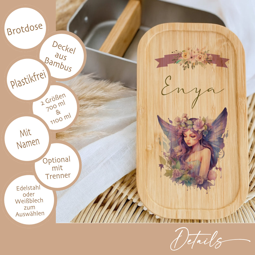 Brotdose "Fee" wählbar in Edelstahl mit Bambusdeckel und Namen für Mädchen | Brotbox Elfe | Personalisiertes Geschenk für Kinder