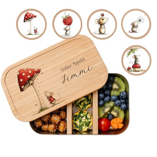Personalisierte Kinder Brotdose mit Bambusdeckel – Süße Maus Motive im Boho-Stil – Edelstahl & Weißblech