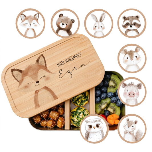 Brotdose mit Namen personalisiert Waldtiere | Lunchbox Kinder Kindergarten Schule S & M | Frühstücksdose Mädchen Jungen | Geschenk Einschulung