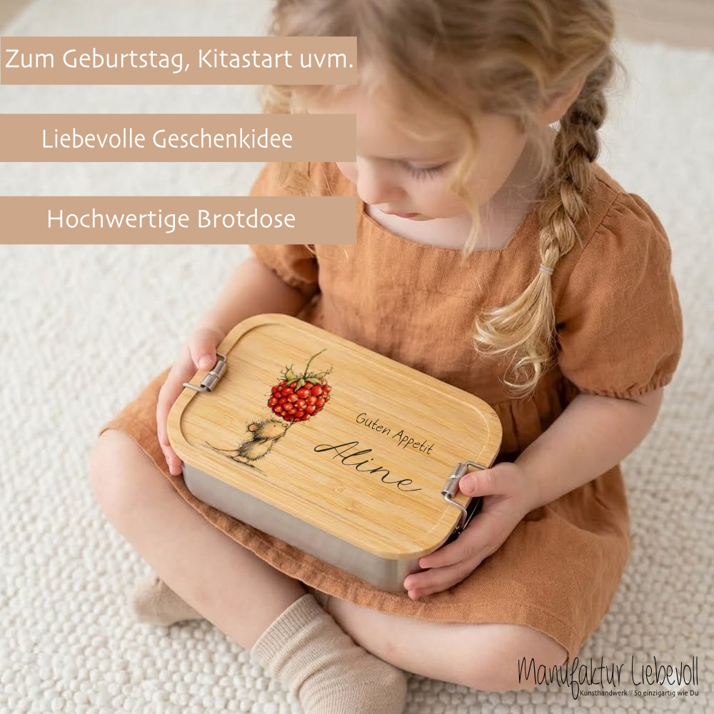 Personalisierte Kinder Brotdose mit Bambusdeckel – Süße Maus Motive im Boho-Stil – Edelstahl & Weißblech