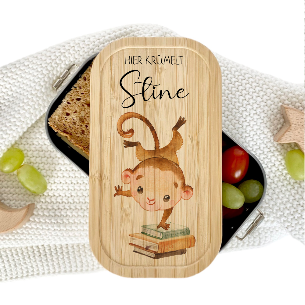 Lunchbox "Affe" wählbar in Edelstahl mit Bambusdeckel und Namen für Kinder | Brotdose mit Affenmotiv | Personalisiertes Geschenk für Kinder