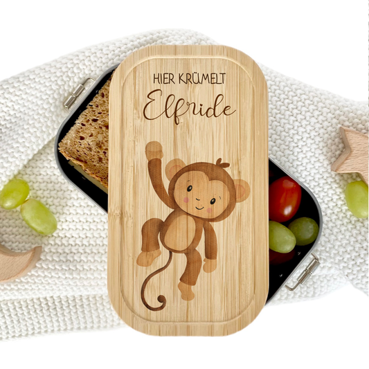 Brotdose "Affe" wählbar in Edelstahl mit Bambusdeckel und Namen für Kinder | Lunchbox mit Affemotiv | Personalisiertes Geschenk für Kinder