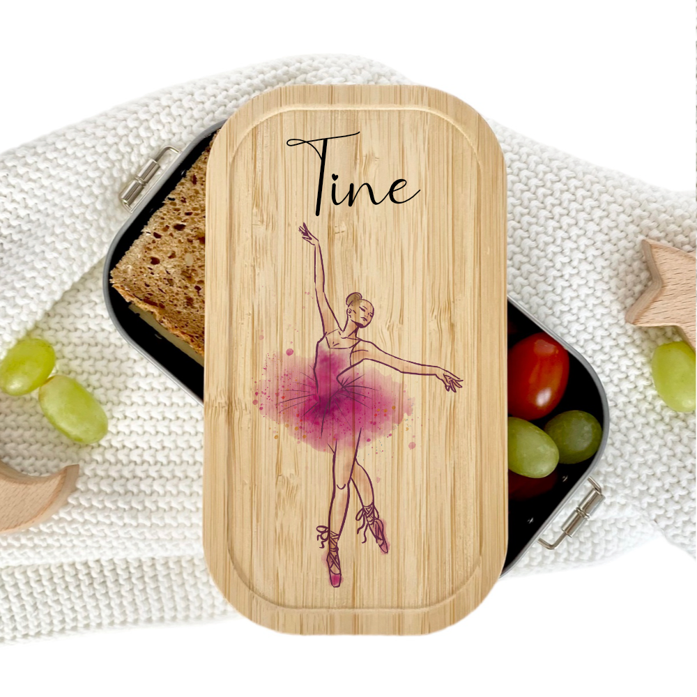 Brotdose "Ballerina" wählbar in Edelstahl mit Bambusdeckel und Namen für Kinder | Lunchbox "Ballett" | Personalisiertes Geschenk für Kinder