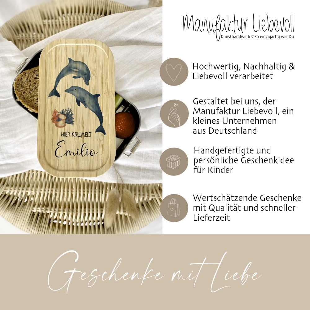 Brotdose "Delfine" wählbar in Edelstahl mit Bambusdeckel und Namen für Kinder | Lunchbox "Meerestiere" | Personalisiertes Geschenk für Kinder