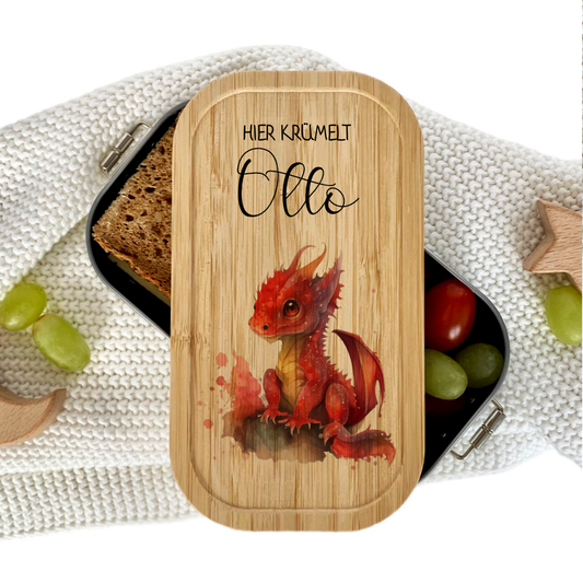 Brotdose "Roter Drache" wählbar in Edelstahl mit Bambusdeckel und Namen für Kinder | Lunchbox "Drache" | Personalisiertes Geschenk für Kinder