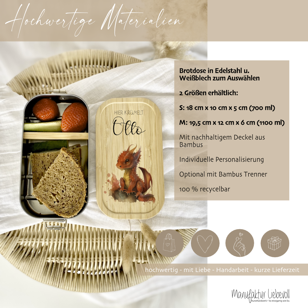 Brotdose "Roter Drache" wählbar in Edelstahl mit Bambusdeckel und Namen für Kinder | Lunchbox "Drache" | Personalisiertes Geschenk für Kinder