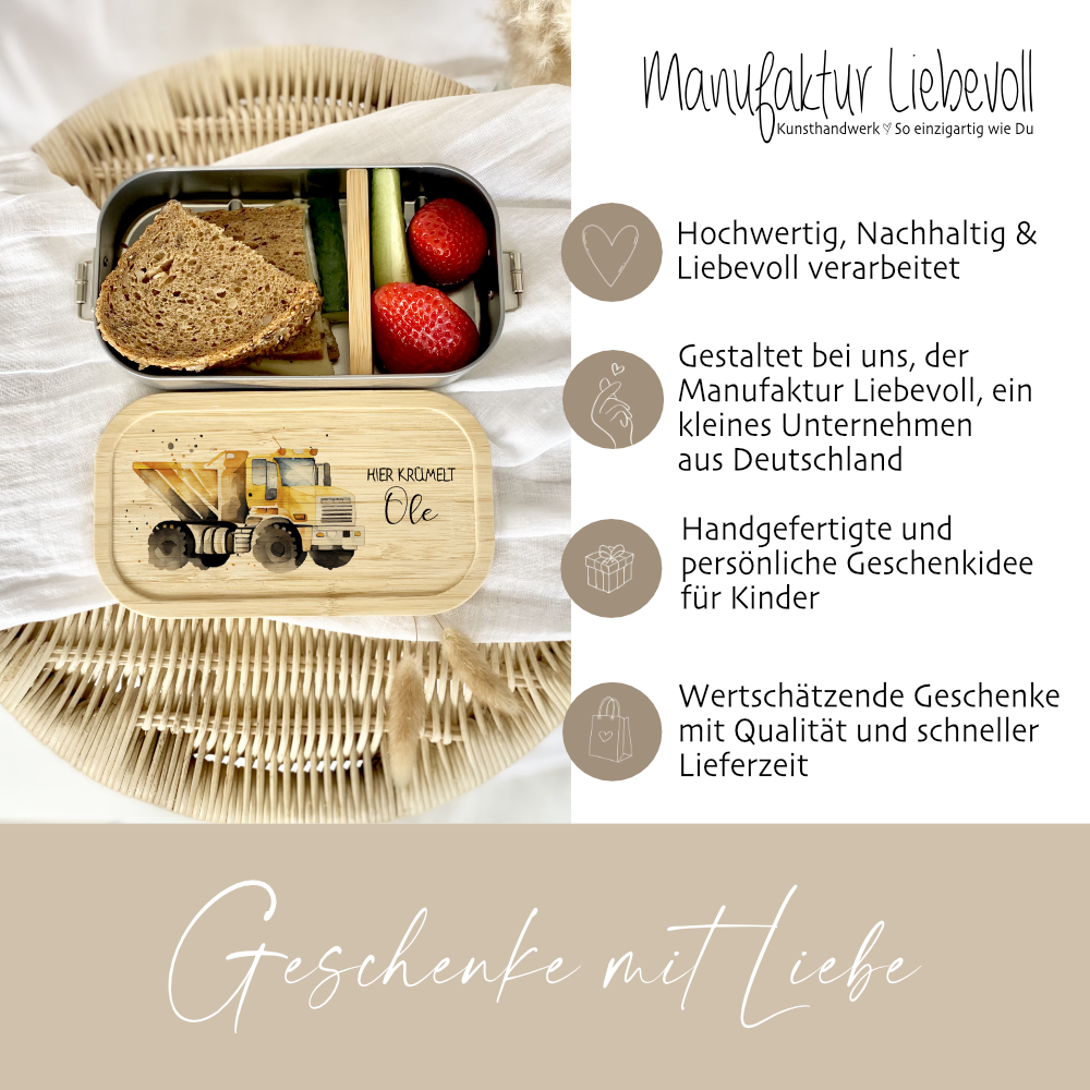 Lunchbox "LKW" wählbar in Edelstahl mit Bambusdeckel und Namen für Kinder | Brotbox mit Kipper, Baufahrzeug Motiv | Personalisiertes Geschenk für Kinder
