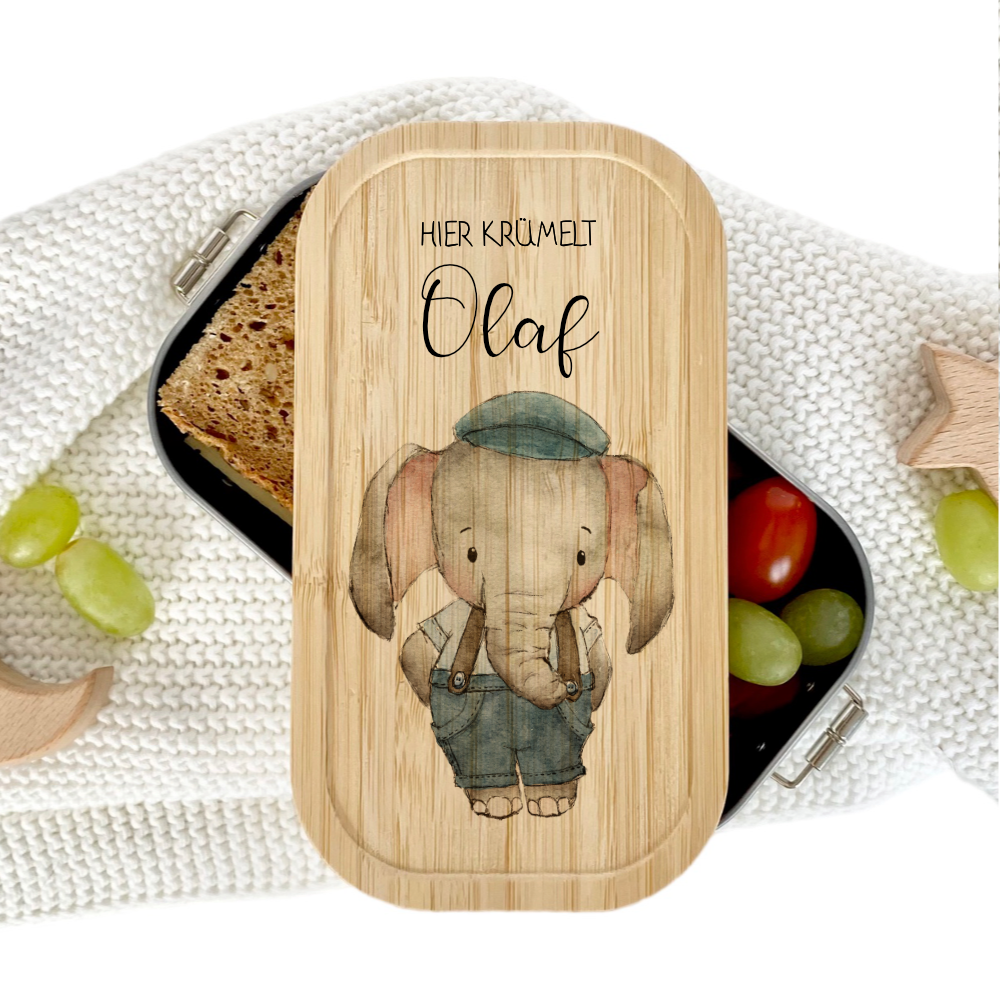 Brotdose "Niedlicher Elefant" wählbar in Edelstahl mit Bambusdeckel und Namen für Kinder | Lunchbox "Tiermotiv" | Personalisiertes Geschenk für Kinder