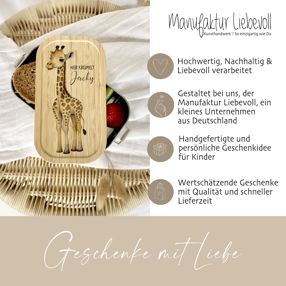 Brotdose "Safari" wählbar in Edelstahl mit Bambusdeckel und Namen für Kinder | Lunchbox "Giraffe" | Personalisiertes Geschenk für Kinder