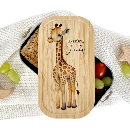 Brotdose "Safari" wählbar in Edelstahl mit Bambusdeckel und Namen für Kinder | Lunchbox "Giraffe" | Personalisiertes Geschenk für Kinder