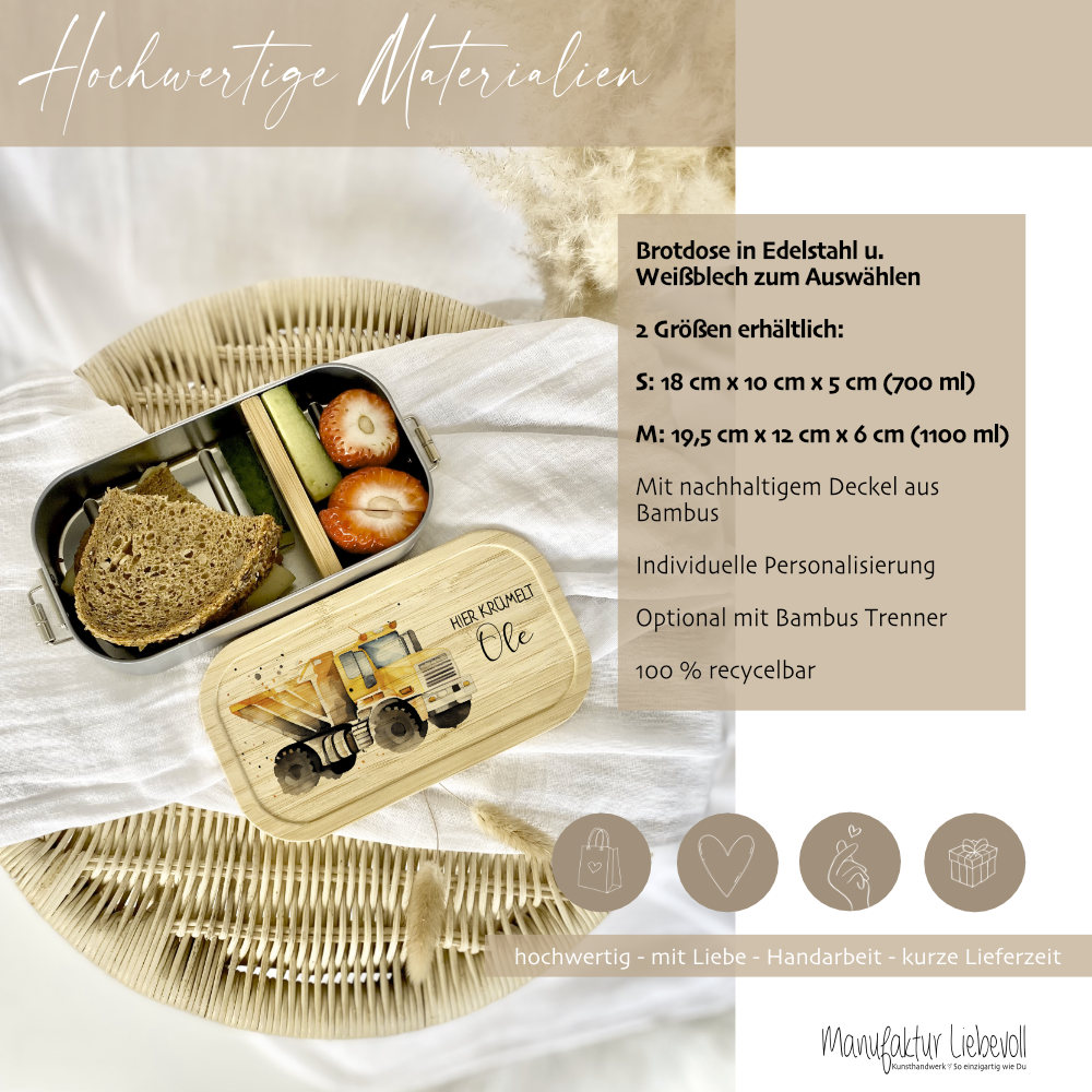 Lunchbox "LKW" wählbar in Edelstahl mit Bambusdeckel und Namen für Kinder | Brotbox mit Kipper, Baufahrzeug Motiv | Personalisiertes Geschenk für Kinder
