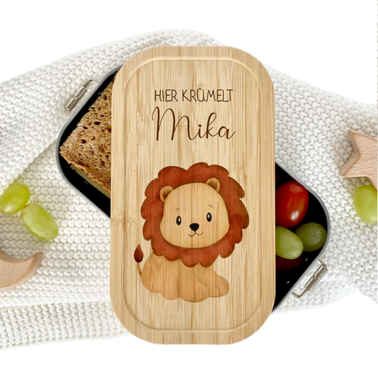 Lunchbox "Löwe" wählbar in Edelstahl mit Bambusdeckel und Namen für Kinder | Brotdose mit Tier Safari Motiv | Personalisiertes Geschenk für Kinder