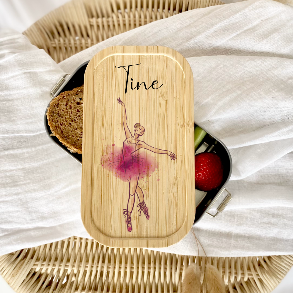 Brotdose "Ballerina" wählbar in Edelstahl mit Bambusdeckel und Namen für Kinder | Lunchbox "Ballett" | Personalisiertes Geschenk für Kinder