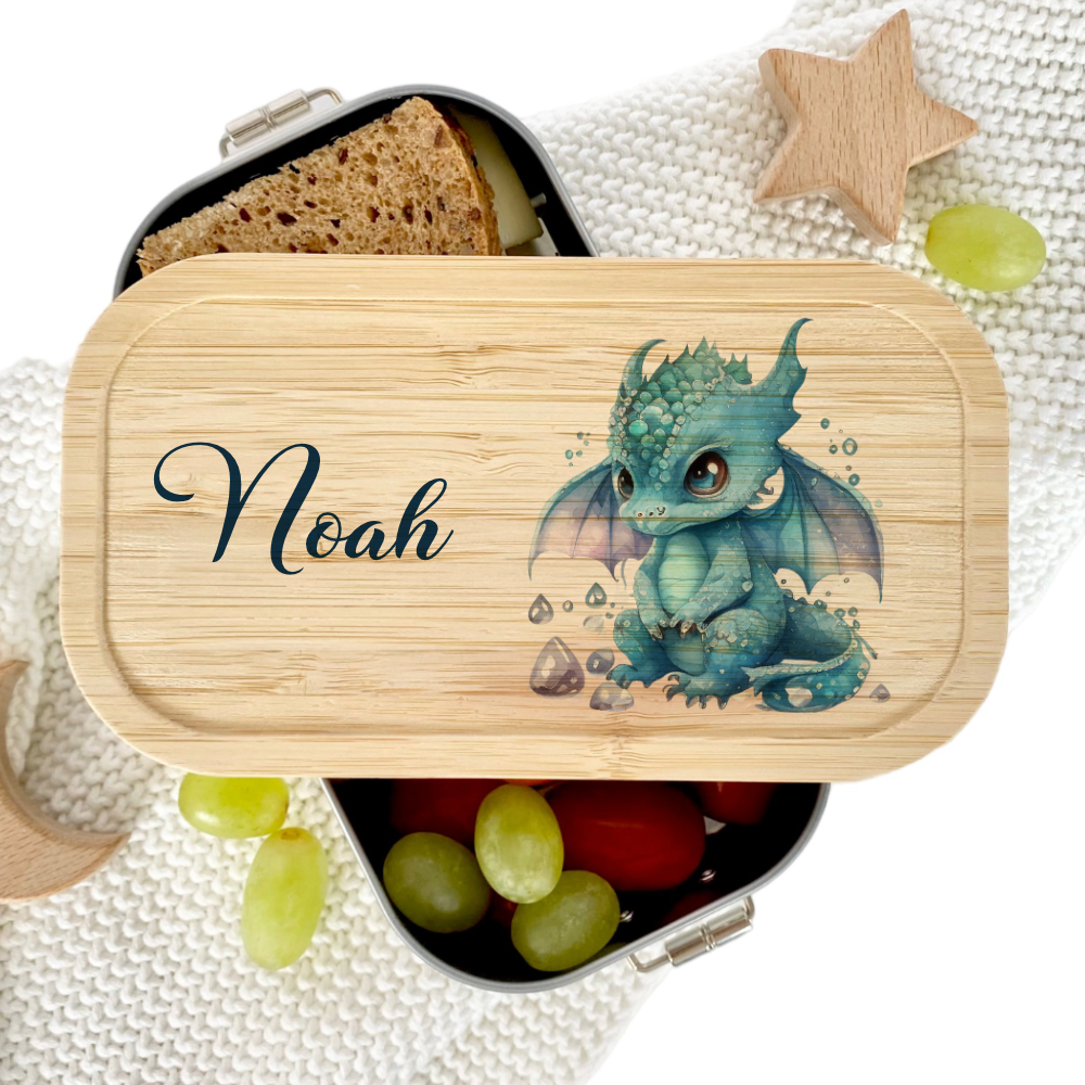 Brotdose "Blauer Drache" wählbar in Edelstahl mit Bambusdeckel und Namen für Kinder | Lunchbox "Fabelwesen" | Personalisiertes Geschenk für Kinder