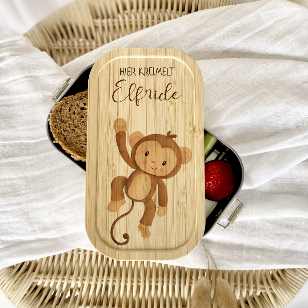 Brotdose "Affe" wählbar in Edelstahl mit Bambusdeckel und Namen für Kinder | Lunchbox mit Affemotiv | Personalisiertes Geschenk für Kinder