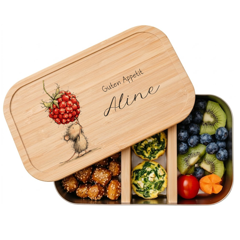 Personalisierte Kinder Brotdose mit Bambusdeckel – Süße Maus Motive im Boho-Stil – Edelstahl & Weißblech
