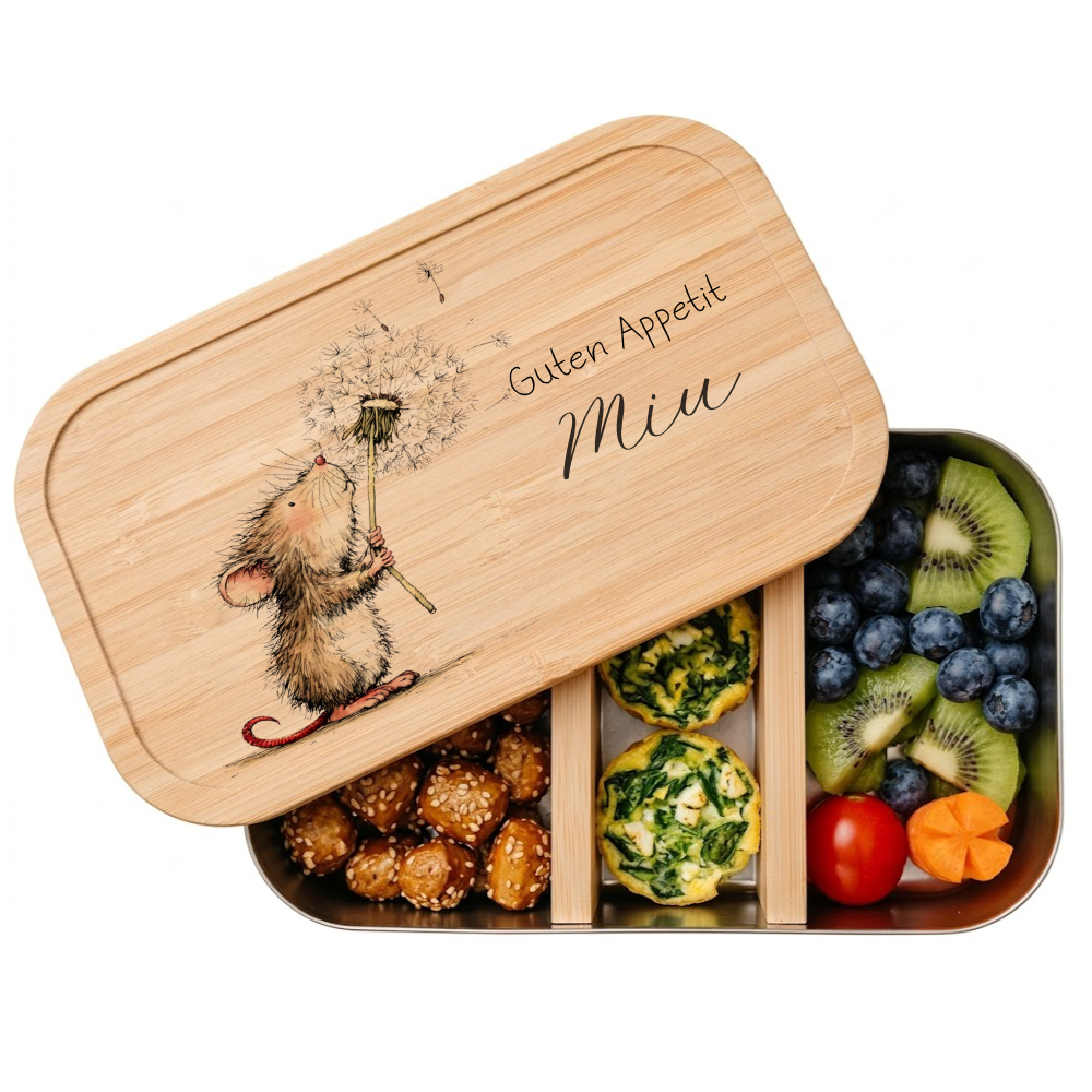 Personalisierte Kinder Brotdose mit Bambusdeckel – Süße Maus Motive im Boho-Stil – Edelstahl & Weißblech
