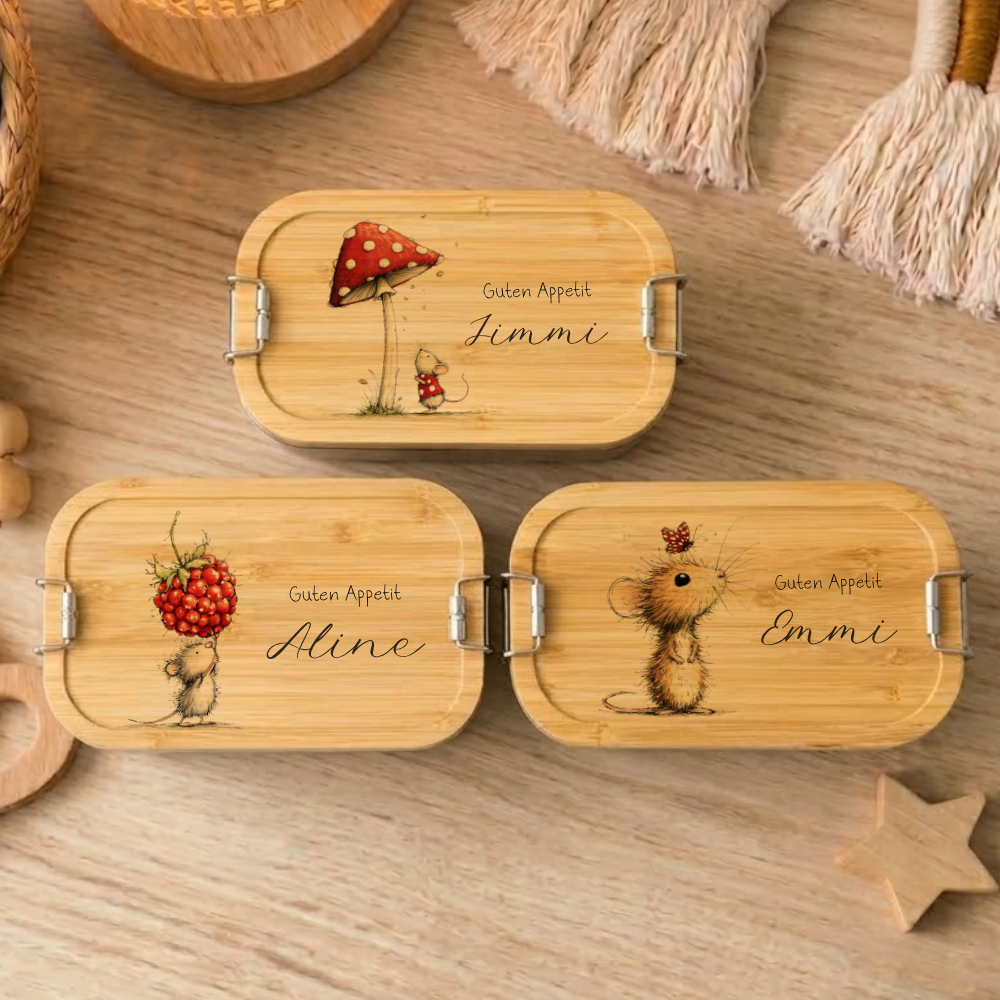 Personalisierte Kinder Brotdose mit Bambusdeckel – Süße Maus Motive im Boho-Stil – Edelstahl & Weißblech