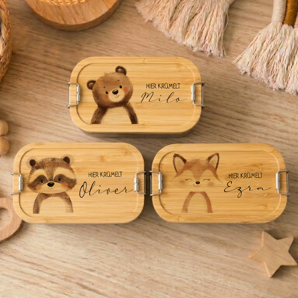 Brotdose mit Namen personalisiert Waldtiere | Lunchbox Kinder Kindergarten Schule S & M | Frühstücksdose Mädchen Jungen | Geschenk Einschulung
