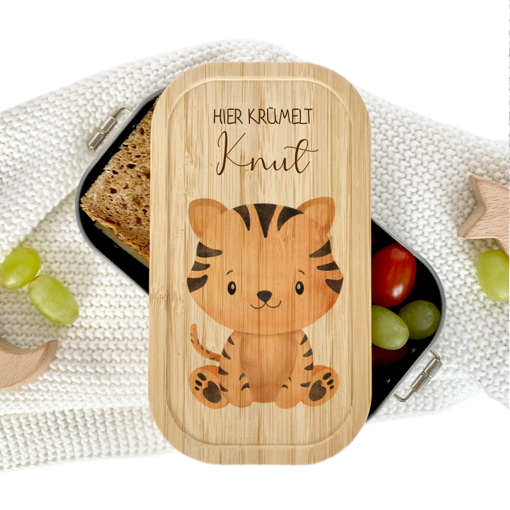 Lunchbox "Tiger" wählbar in Edelstahl mit Bambusdeckel und Namen für Kinder | Brotdose mit Tiermotiv | Personalisiertes Geschenk für Kinder