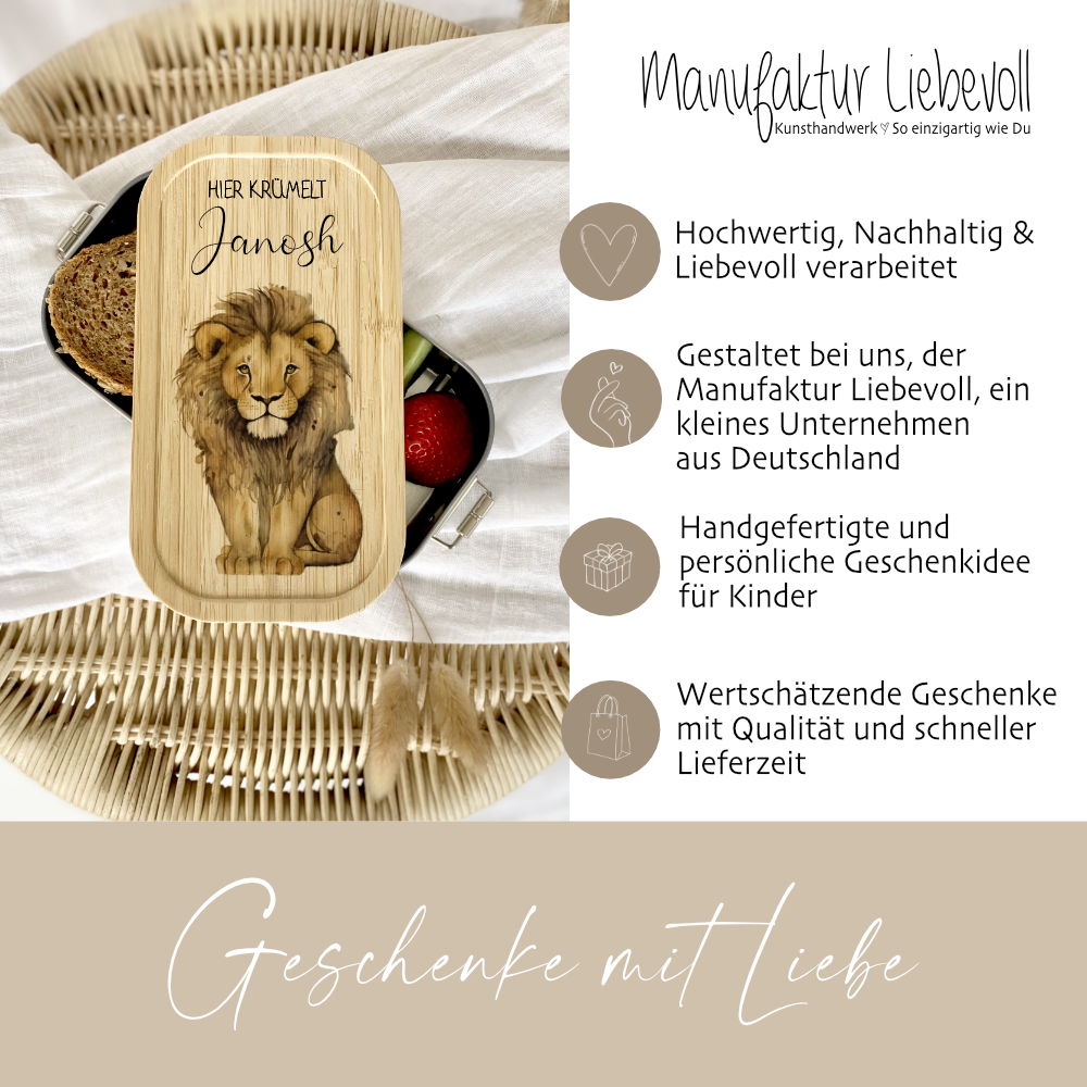 Brotdose "Löwe" wählbar in Edelstahl mit Bambusdeckel und Namen für Kinder | Brotdose mit Tier Safari Motiv | Personalisiertes Geschenk für Kinder