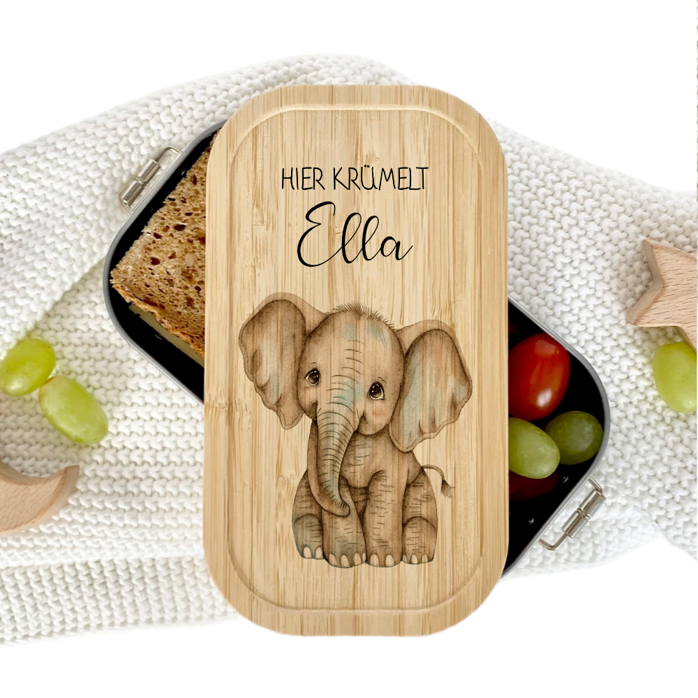 Brotdose "Elefant" wählbar in Edelstahl mit Bambusdeckel und Namen für Kinder | Lunchbox "Elefant" | Personalisiertes Geschenk für Kinder