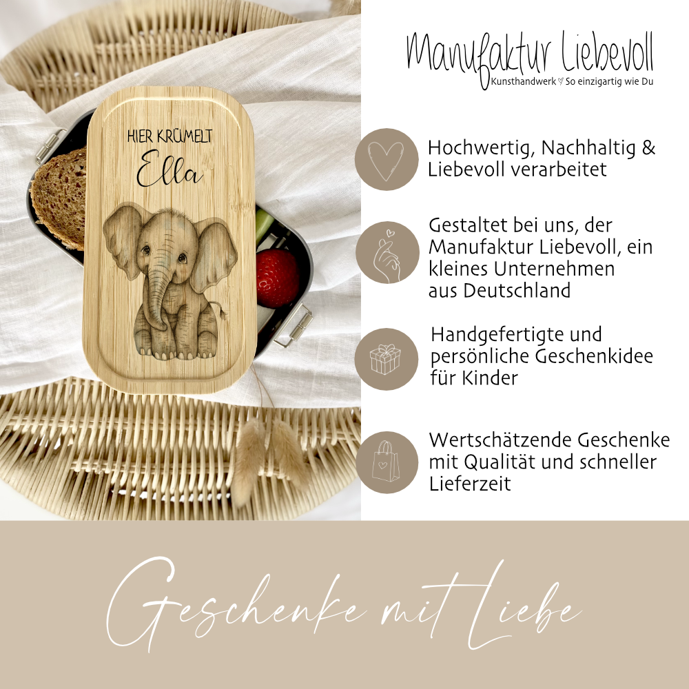 Brotdose "Elefant" wählbar in Edelstahl mit Bambusdeckel und Namen für Kinder | Lunchbox "Elefant" | Personalisiertes Geschenk für Kinder