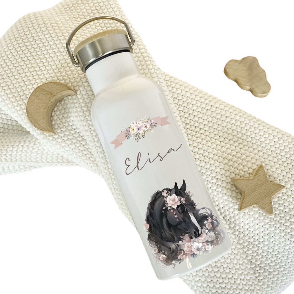 Trinkflasche Edelstahl mit Namen und Pferde Pony Motiv als Geschenk für Mädchen