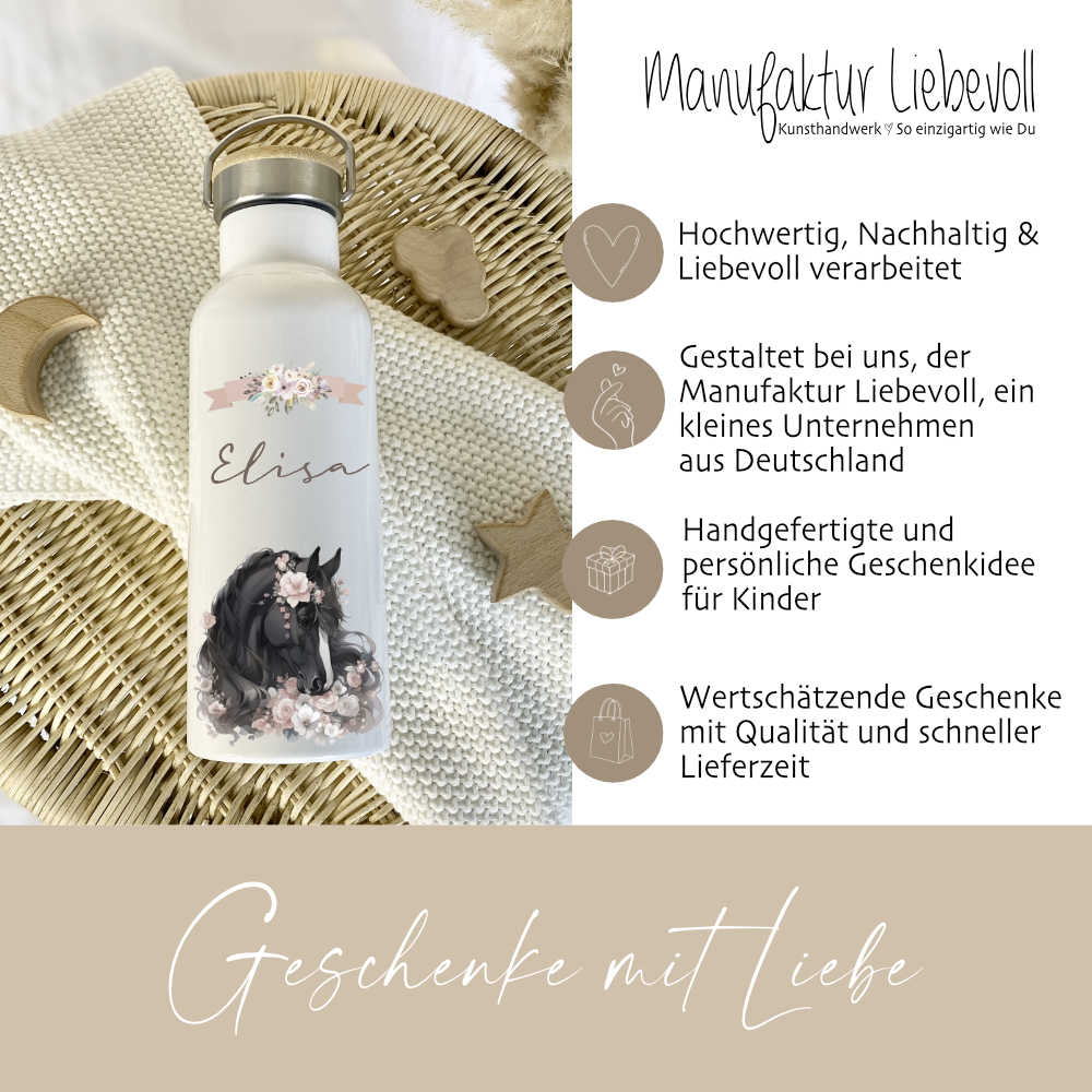 Trinkflasche Edelstahl mit Namen und Pferde Pony Motiv als Geschenk für Mädchen