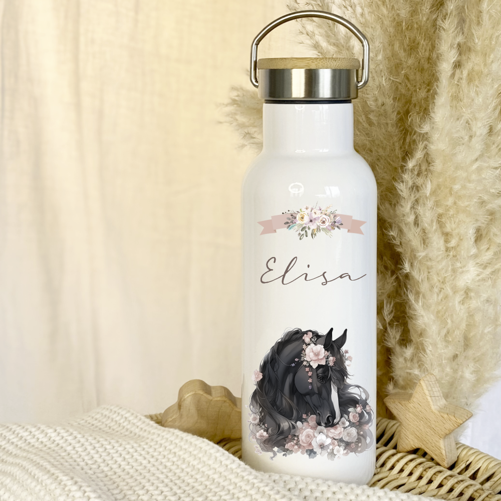 Trinkflasche Edelstahl mit Namen und Pferde Pony Motiv als Geschenk für Mädchen