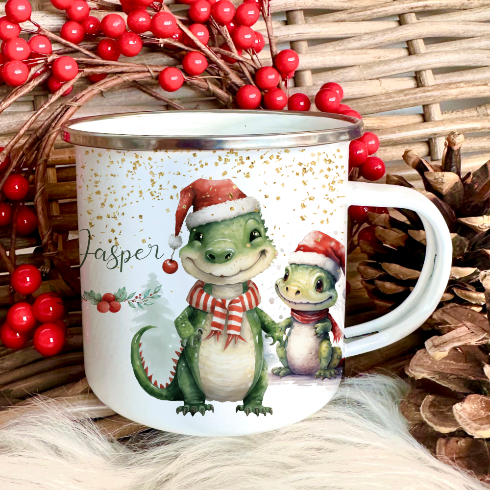 Dino Kindertasse mit Namen als Geschenk Nikolaus Weihnachten für Jungen