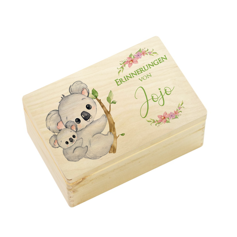 Personalisierte Erinnerungskiste mit Koala Motiv für Babys zur Geburt und Taufe, Babygeschenk mit dem Namen, Holzkiste