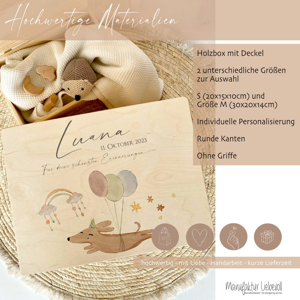 Personalisierte Erinnerungsbox aus Holz mit Motiv "Hund" für Babys, Kinder
