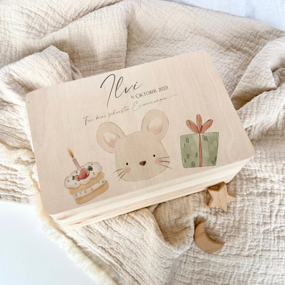 Personalisiertes Willkommensgeschenk aus Holz, Erinnerungsbox mit Motiv "Maus" für Babys, Kinder