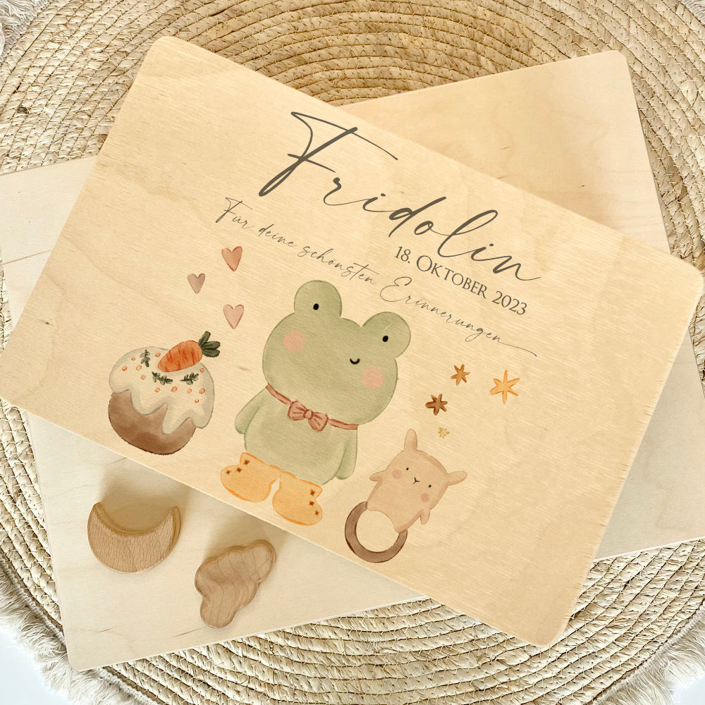 Personalisierte Erinnerungsbox aus Holz mit Motiv "Frosch" für Babys, Kinder