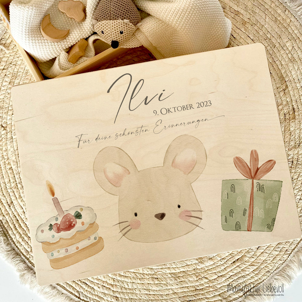 Personalisiertes Willkommensgeschenk aus Holz, Erinnerungsbox mit Motiv "Maus" für Babys, Kinder