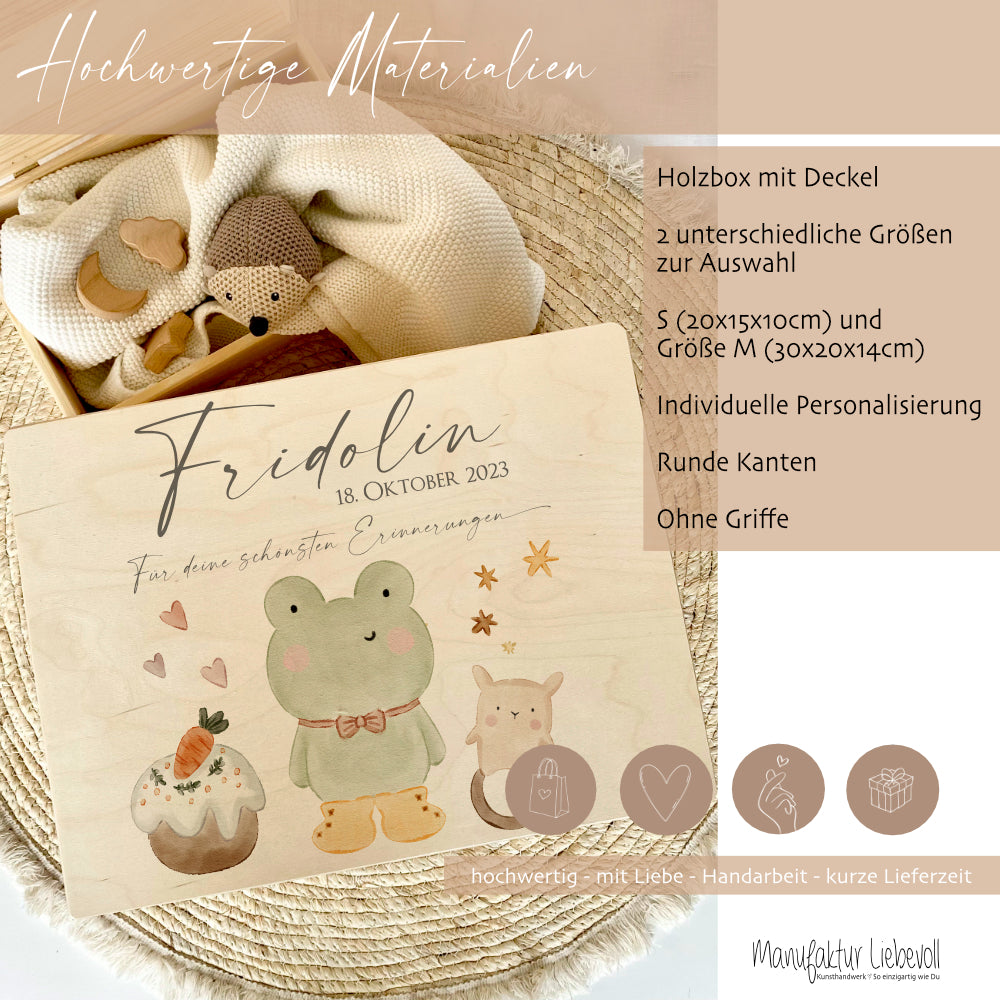 Personalisierte Erinnerungsbox aus Holz mit Motiv "Frosch" für Babys, Kinder