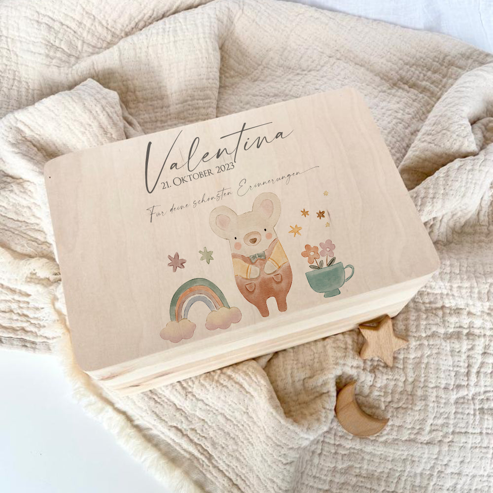 Erinnerungsbox aus Holz für Babys zur Geburt, Taufe, zum ersten Geburtstag | Personalisierte Holzkiste mit Motiv Maus