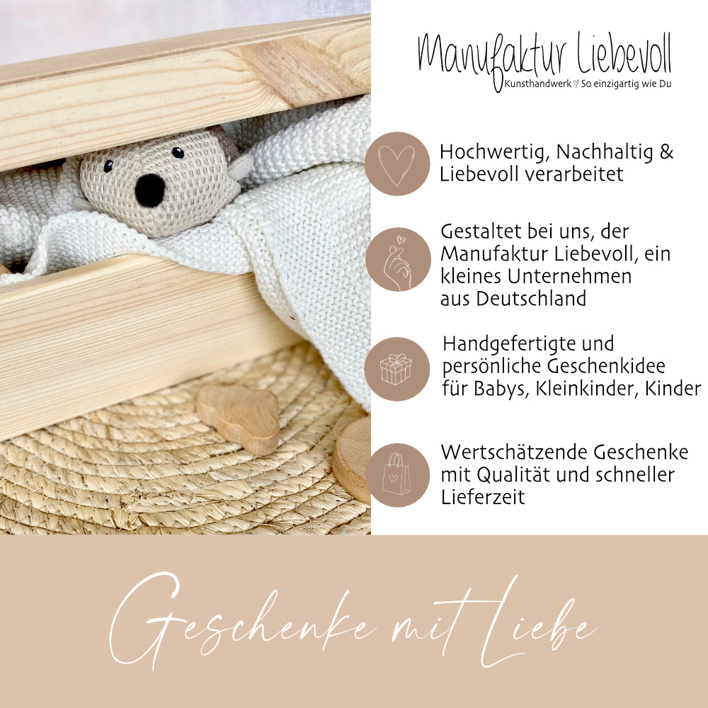 Personalisierte Erinnerungskiste für Babys, Holzbox mit Deckel, Namen u. Geburtsdaten | Motiv: Fuchs