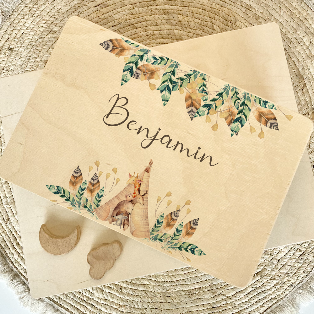 Personalisierte Erinnerungskiste "Boho Tiere" als Motiv für Babys zur Geburt und Taufe, Babygeschenk mit dem Namen, Holzkiste