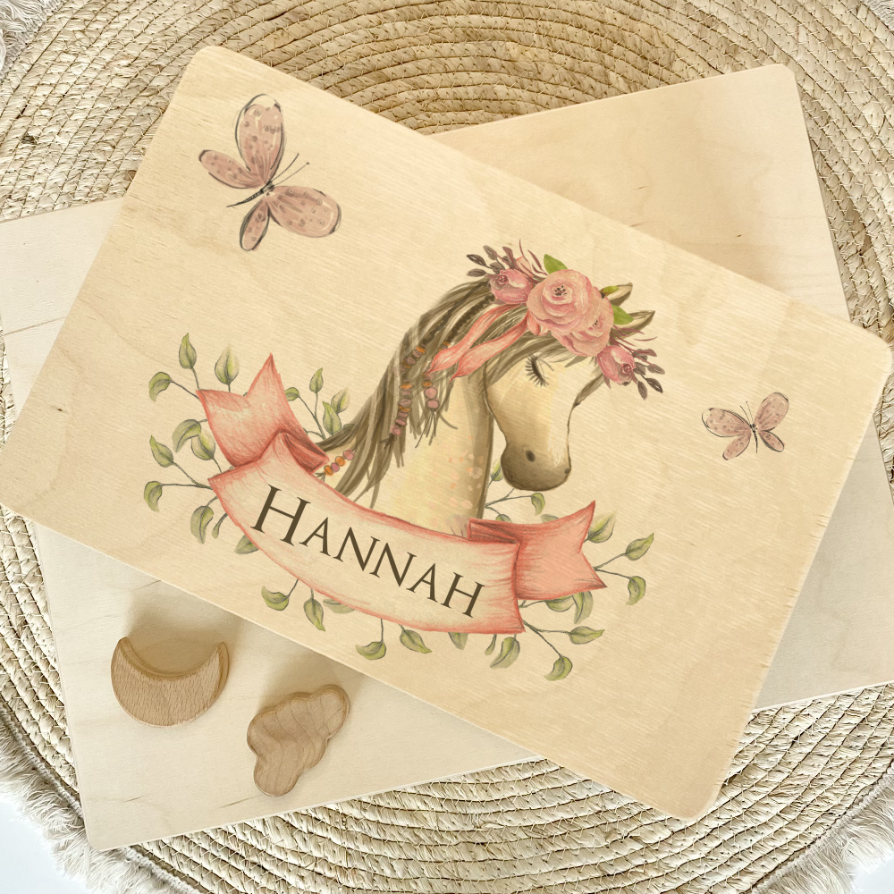 Personalisierte Erinnerungskiste "Pony" als Motiv für Babys zur Geburt und Taufe, Babygeschenk mit dem Namen, Holzkiste