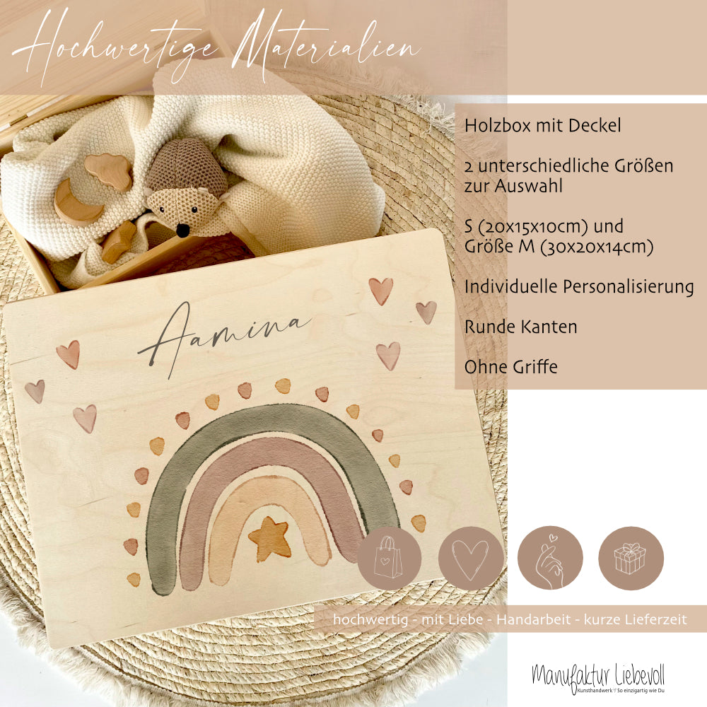Personalisierte Erinnerungsbox aus Holz, Regenbogen Holzkiste mit Namen