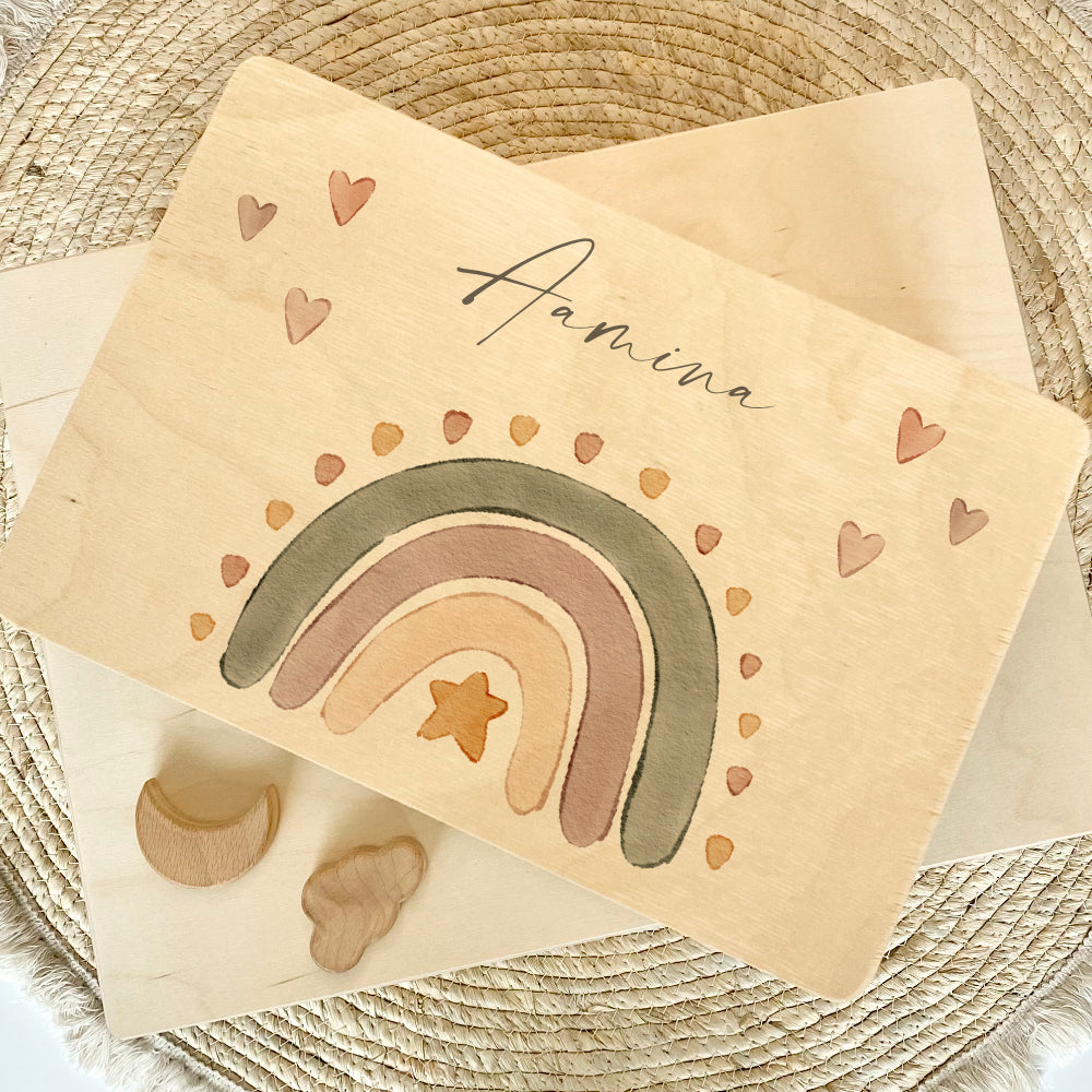 Personalisierte Erinnerungsbox aus Holz, Regenbogen Holzkiste mit Namen