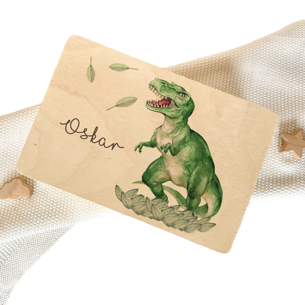 Personalisierte Erinnerungskiste "Dinosaurier" als Motiv für Babys zur Geburt und Taufe, Babygeschenk mit dem Namen, Holzkiste