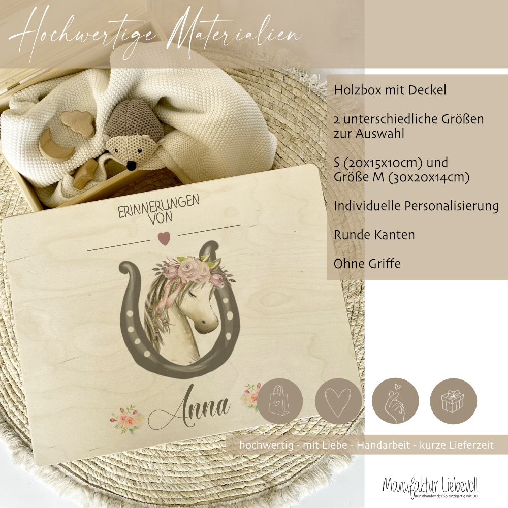 Personalisierte Erinnerungskiste mit Pony Motiv für Babys zur Geburt und Taufe, Babygeschenk mit dem Namen, Holzkiste