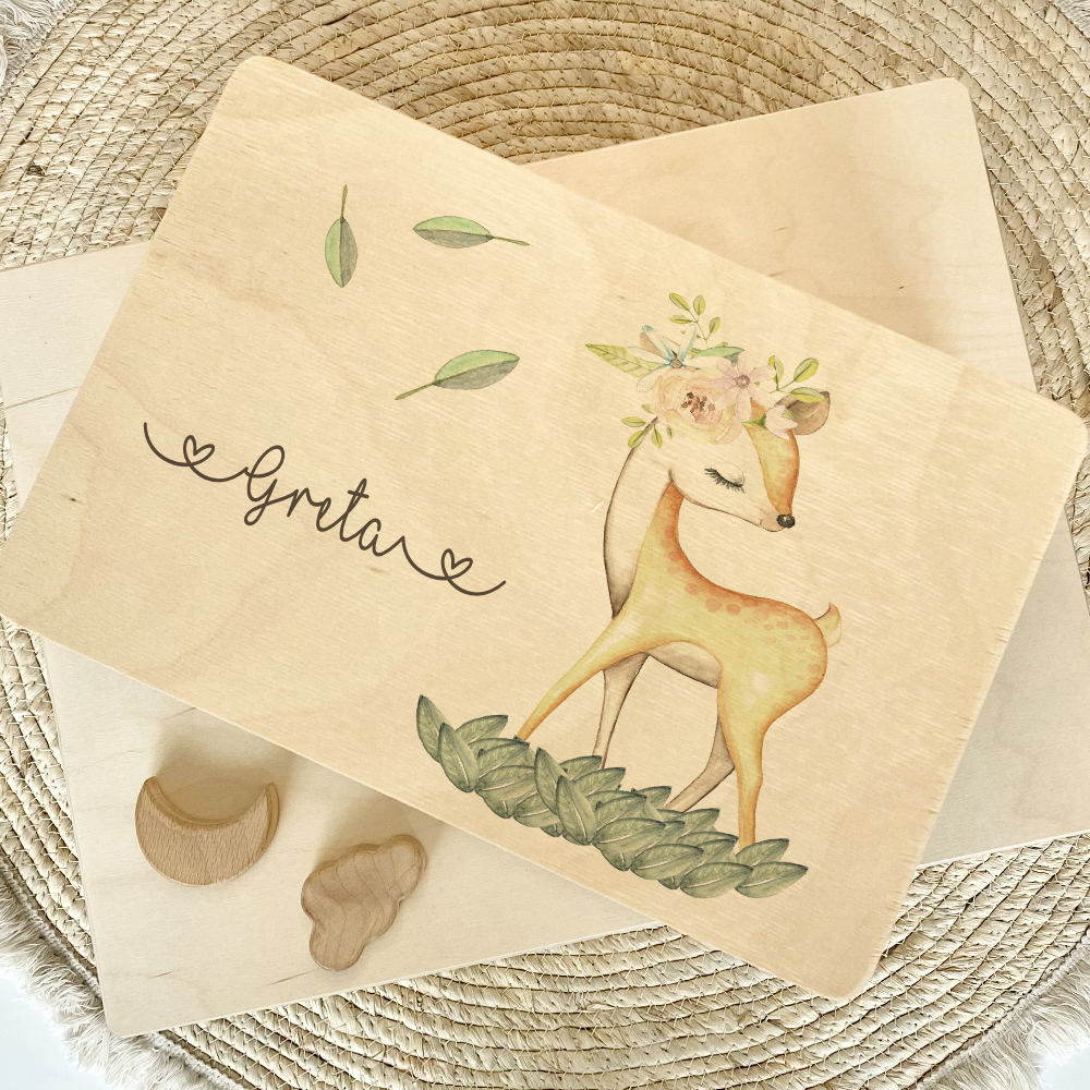 Personalisierte Erinnerungskiste "Rehkitz" als Motiv für Babys zur Geburt und Taufe, Babygeschenk mit dem Namen, Holzkiste