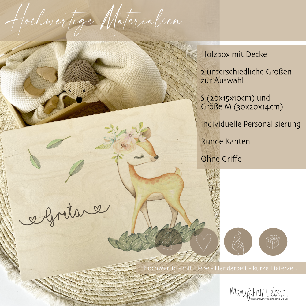 Personalisierte Erinnerungskiste "Rehkitz" als Motiv für Babys zur Geburt und Taufe, Babygeschenk mit dem Namen, Holzkiste